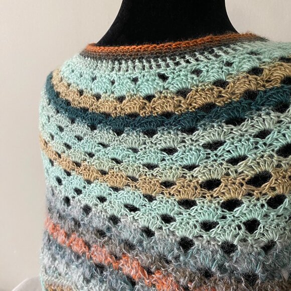 Handmade Crochet Blue Orange Multicolour Wool Angora Mohair Blend Short Capelet - Picture 3 of 6